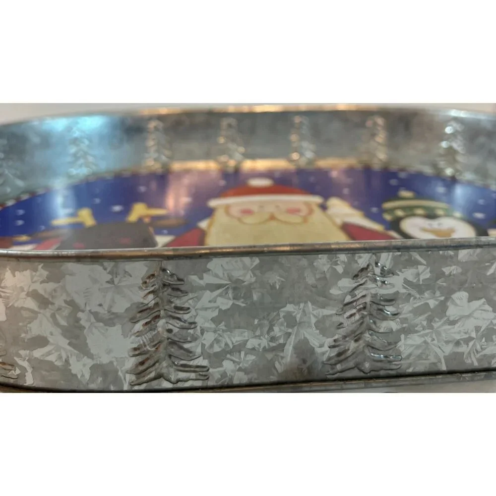 Galvanized Metal Christmas Serving Tray Santa & Friends Design 2